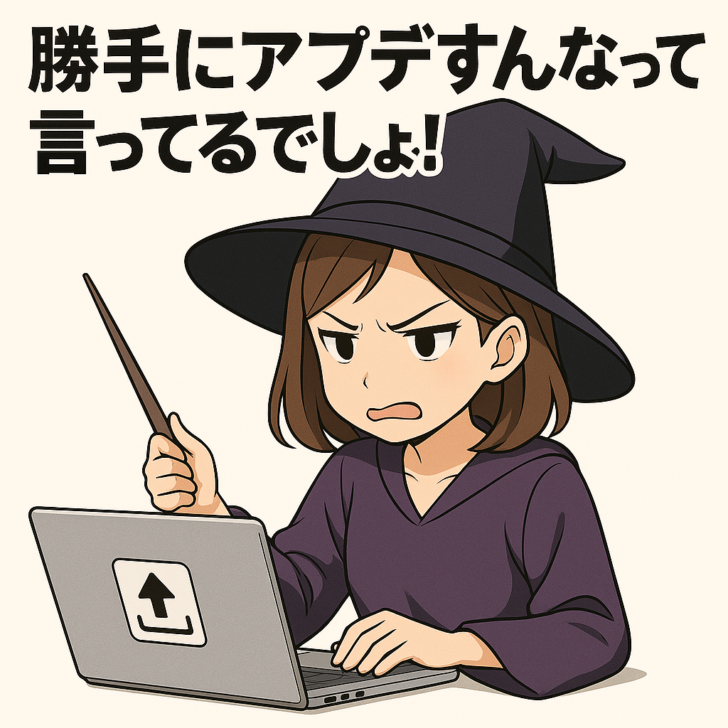 魔女がノートパソコンに向かい、杖を振りながら『勝手にアップデートすんなって言ってるでしょ！』と怒っているイラスト。