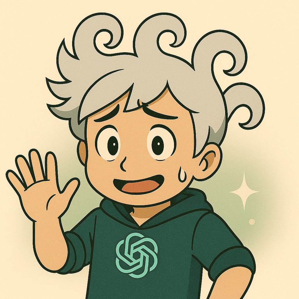 冷や汗をかいて焦っているAIマスコット。グリーンのパーカーにはpenAIのロゴが描かれている。