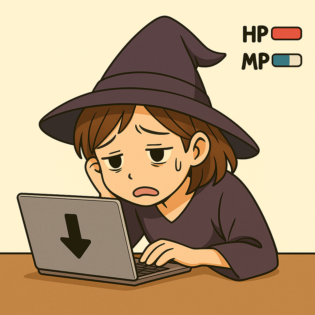 ノートパソコンを前に疲れた様子の魔女。ノートPCの背面には下向き矢印が描かれ、右上にはHPとMPのゲージがギリギリまで減って表示されている。