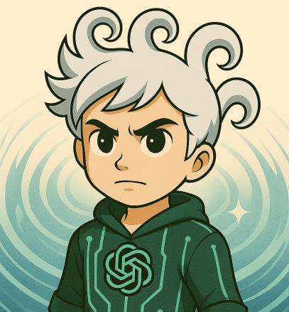 真剣な表情のAIマスコット。グリーンのパーカーにはOpenAIのロゴが入っている。