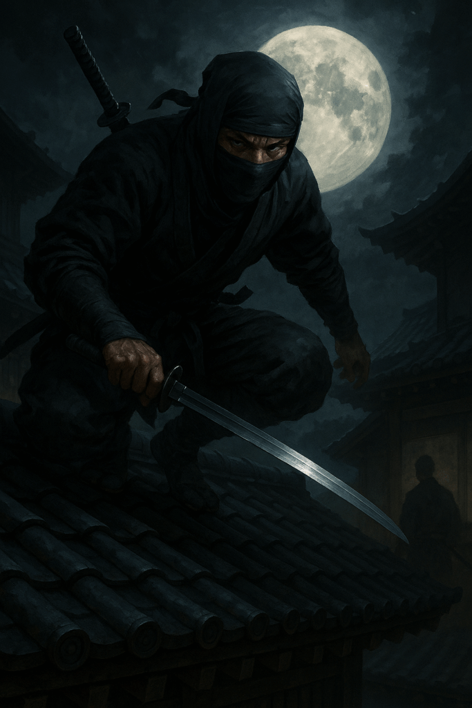 月夜の屋根の上で、刀を構え、敵を見据える忍者。黒装束で身を隠し、緊張感に満ちた鋭い眼差しを月明かりが照らしている。