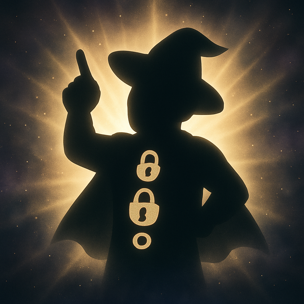 魔女帽とマントのシルエットに、金色の３つの鍵を持つ。背景は神々しい光に満ち、謎めいた存在