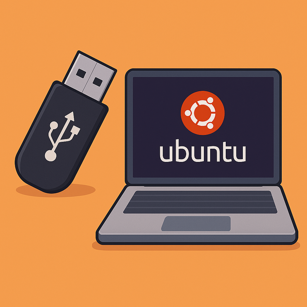 Ubuntuのロゴが表示されたノートパソコンと、斜めに置かれたUSBメモリのイラスト