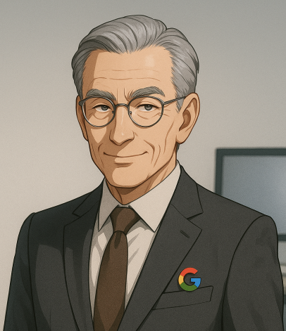 落ち着いた表情をたたえる白髪の男性。グレーのスーツにGoogleのロゴバッジをつけ、丸眼鏡をかけている。知性と包容力を感じさせる雰囲気で、控えめな笑みを浮かべている。