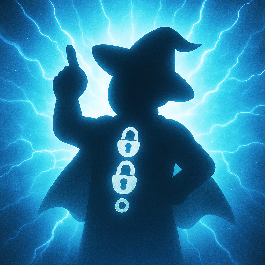 魔女帽とマントのシルエットに、３つの鍵を持つ。背景は神々しい光に満ち、謎めいた存在