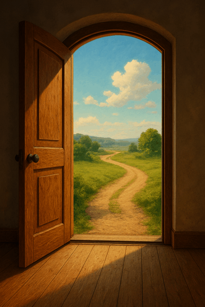 木製の扉が静かに開かれ、その先には緑の草原を曲がりくねりながら続く小道が伸びている。青空には白い雲が浮かび、新たな旅の始まりを思わせる静かな情景