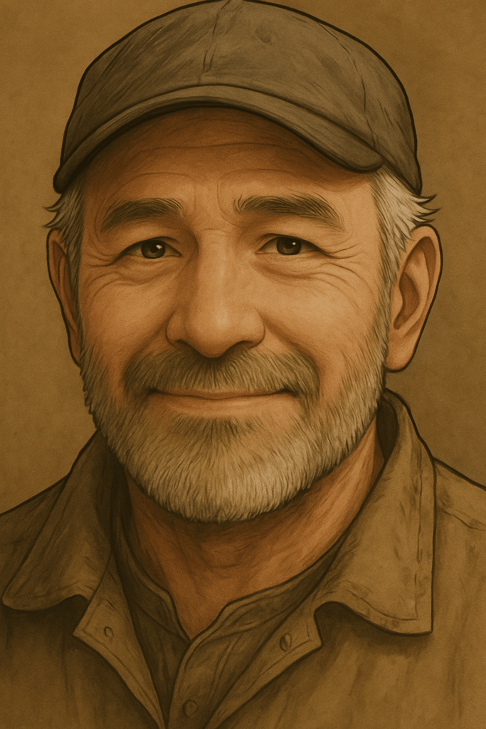 帽子をかぶった白髪混じりの髭を持つ中年男性が、優しい笑顔でこちらを見つめているクローズアップ肖像。