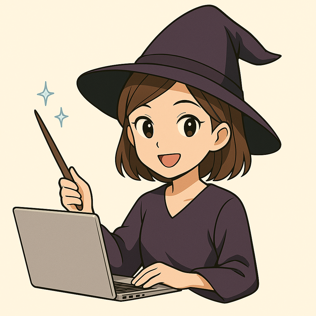 ノートパソコン前に座って魔法の杖を持つ、笑顔の魔女のイラスト