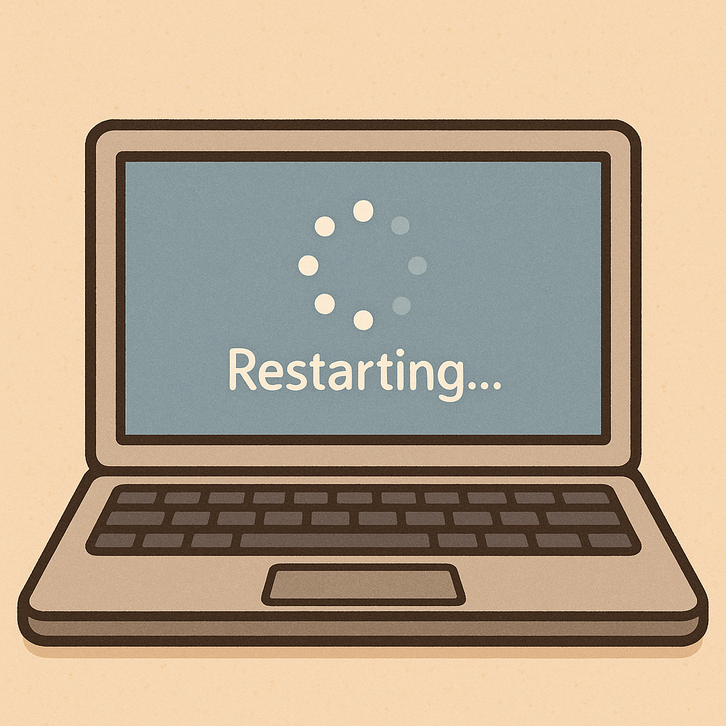 ノートパソコンの画面に「Restarting...（再起動中）」の表示が出ているイラスト