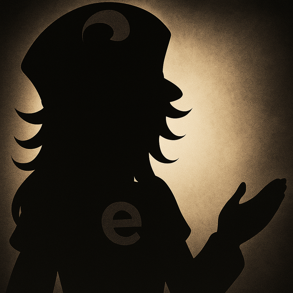 ブラウザのロゴ『e』が胸に描かれた帽子をかぶったキャラクターのシルエット。髪はウェーブ状で肩まであり、横を向いて片手を掲げているポーズ。キャラクターは『鬼滅の刃』の童磨をモチーフにした、Microsoft Edgeの擬人化とみられるデザイン。