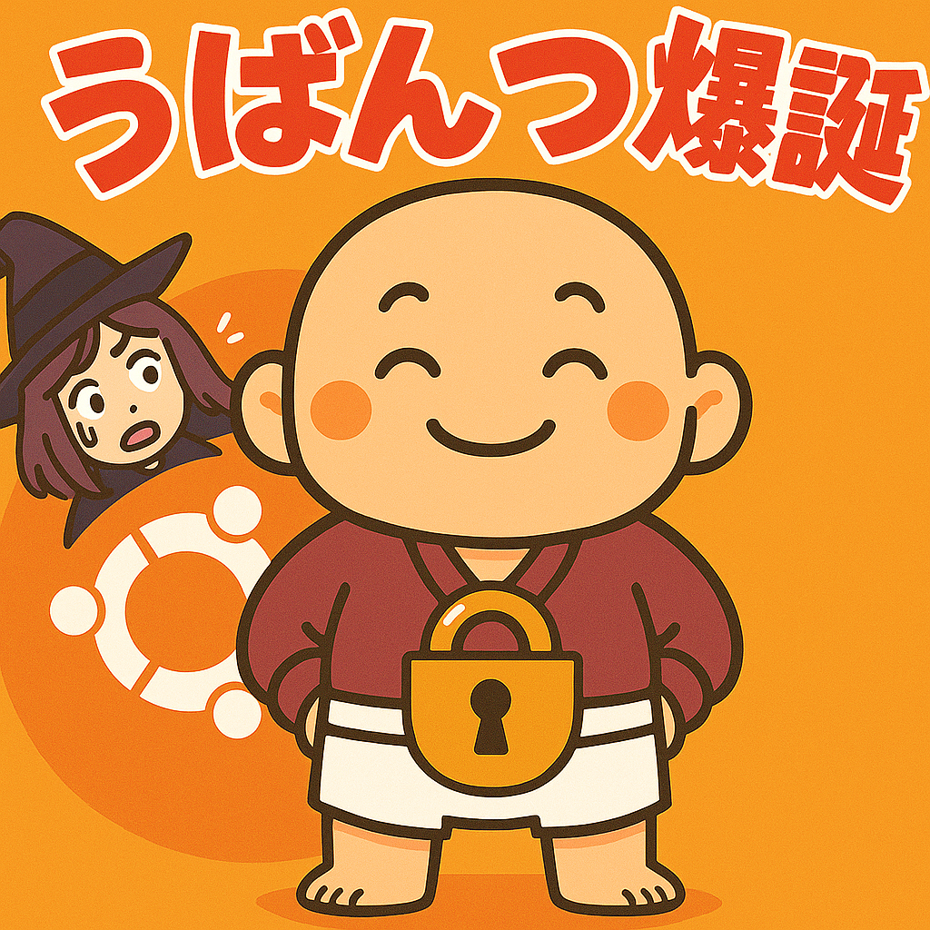 パンツと南京錠を身につけた神獣うばんつが笑顔で立ち、驚く魔女が背後に現れる。背景にはUbuntuロゴと「うばんつ爆誕」の文字。