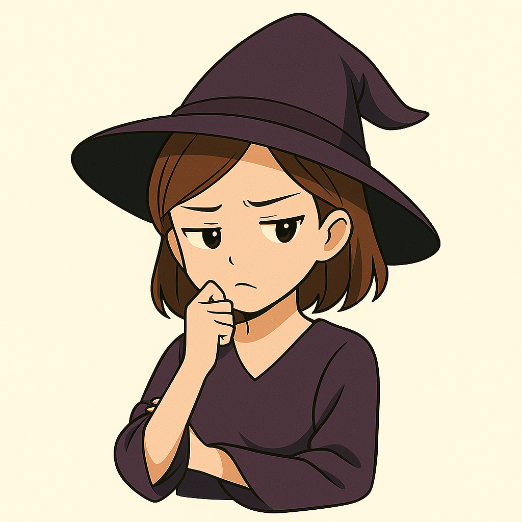 頬に手を当てて思い悩む、魔女のイラスト。