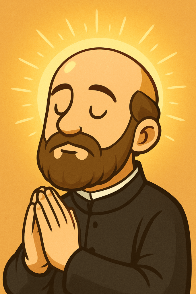 頭に光輪を輝かせて祈る、丸みを帯びたデフォルメ風のザビエル風人物。目を閉じ、穏やかな表情で両手を合わせた姿が印象的な、優しいタッチのイラスト。