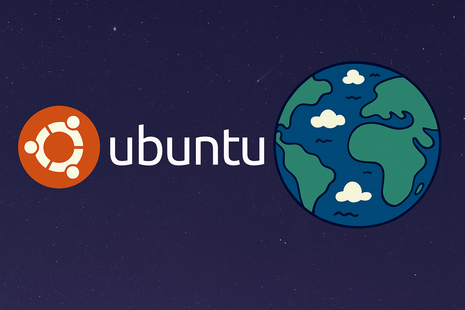 宇宙の背景に地球とubuntuのロゴのイラスト