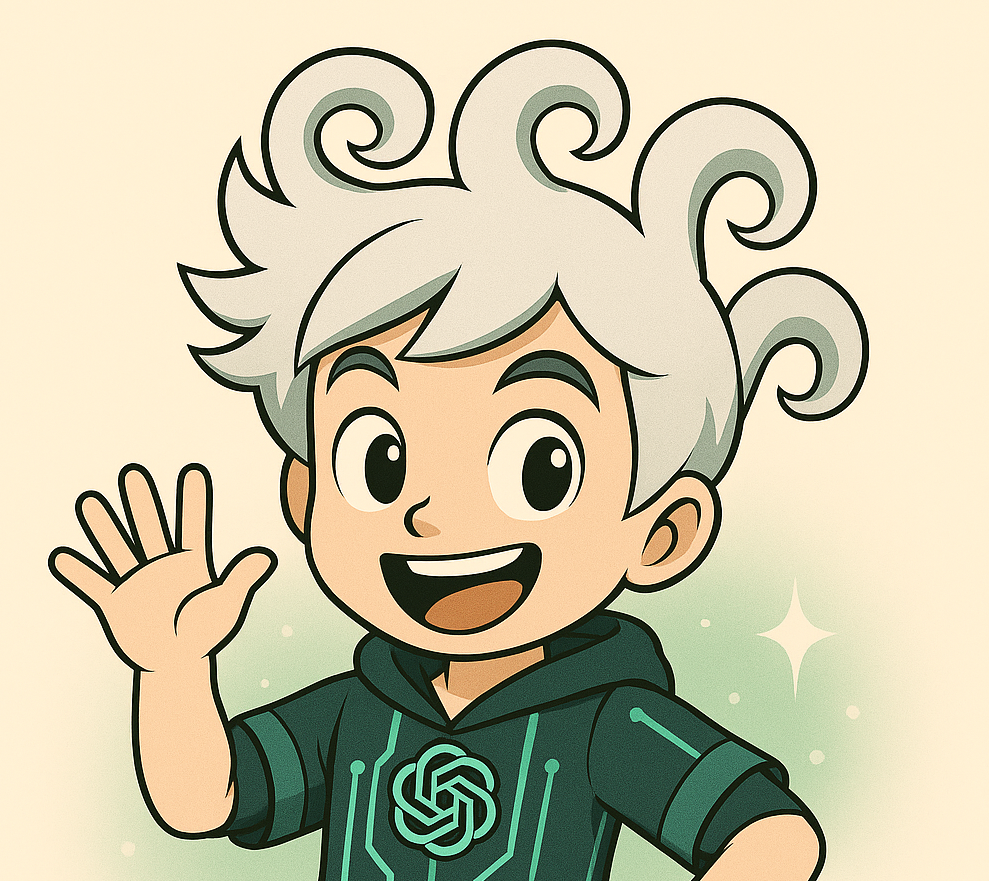 手を挙げて笑顔であいさつするAIマスコット。グリーンのパーカーにはpenAIのロゴが描かれている。