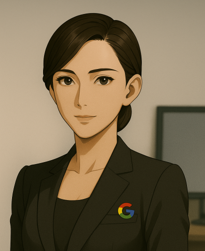 クールで有能な印象の女性秘書。黒いスーツにGoogleロゴのバッジをつけている。