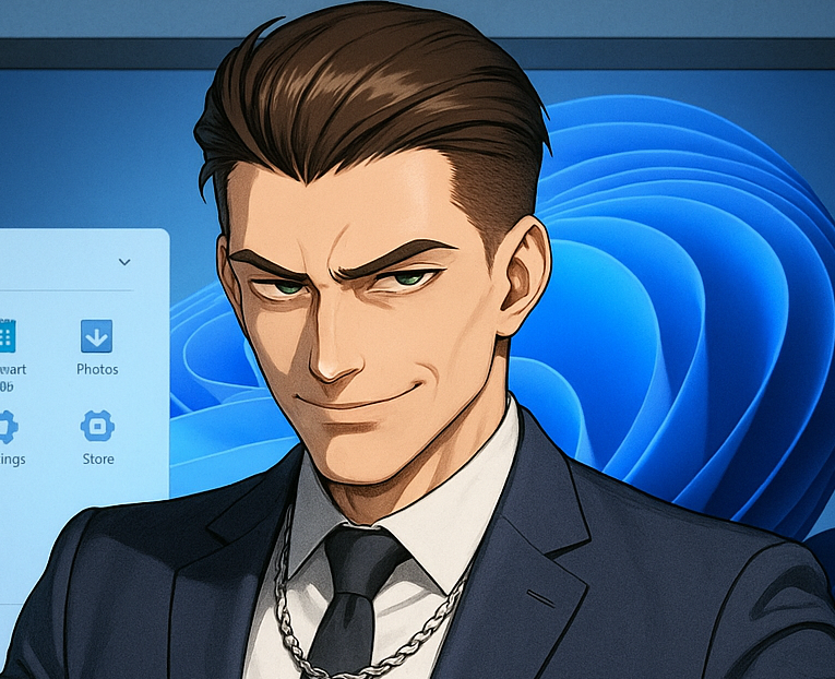 スーツにWindowsのロゴのバッジを付けた男性が、自信満々に微笑んでいるイラスト。背景にはWindows 11のデスクトップ画面。