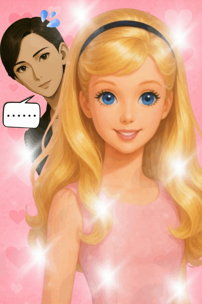 ピンクのハート背景の前に立つ、金髪で青い瞳のキラキラしたジェニー。その背後では、グーグル先生の女性秘書Geminiが「……」と無言で何か言いたげに覗いている。