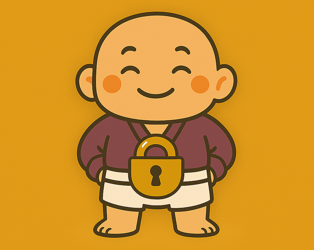 お腹に金色の鍵マークがついた、とにかく明るい安村風の笑顔のキャラクター。安心感と親しみやすさを感じさせる存在。