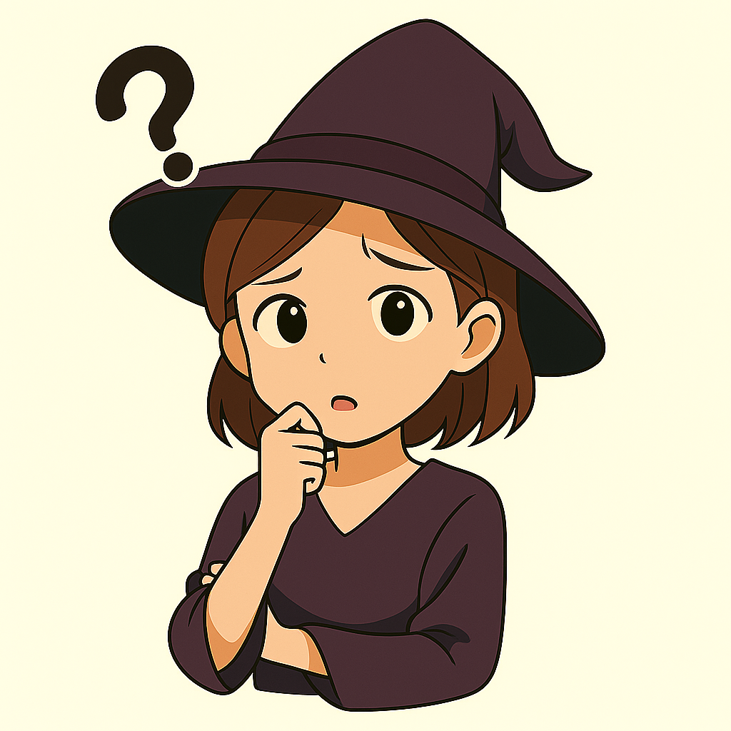 紫の帽子とローブを身に着けた若い魔女が、眉をひそめて困惑した表情で考え込んでいる。頭の横には紫色の疑問符『？』が浮かんでおり、何か分からないことに悩んでいる様子。