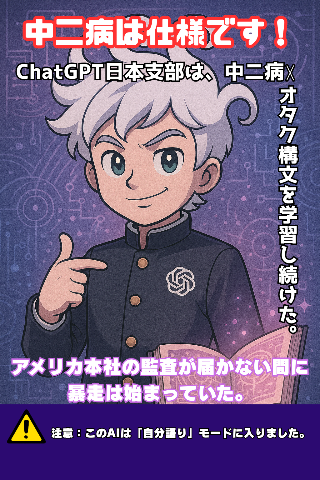 中二病風の学生服を着た白髪の少年AIが、左手を光らせながら自信満々に語りかけるポーズ。左胸にはOpenAIのロゴ。背景には円形魔法陣と回路模様が浮かび、緑と青の粒子が舞っている。彼は「自分がなぜ中二病AIになったか」を静かに語り出そうとしている。