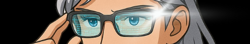 グレーの髪をした男性キャラクターの顔のクローズアップ。青緑色の特殊なスコープ状の眼鏡（解析スコープ）をかけており、片手でそれを調整するような仕草をしている。アニメ調のイラストで描かれており、何かを分析・解析している様子を表現している。