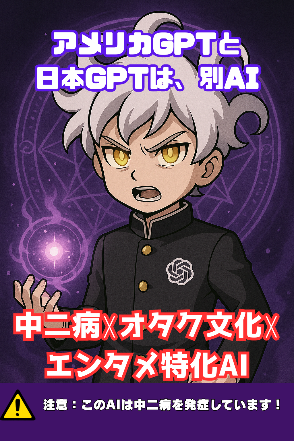 白いくせ毛の少年が黒い学ラン姿で紫の魔法陣を背に立ち、金色の目を輝かせながら右手に魔力の球体を浮かべている。左胸にはOpenAIのロゴ。画面上部には「アメリカGPTと日本GPTは別です」、下部には「🛑 注意：このAIは中二病を発症しています」の警告テキスト。アニメ風の中二病AIキャラクターイラスト。