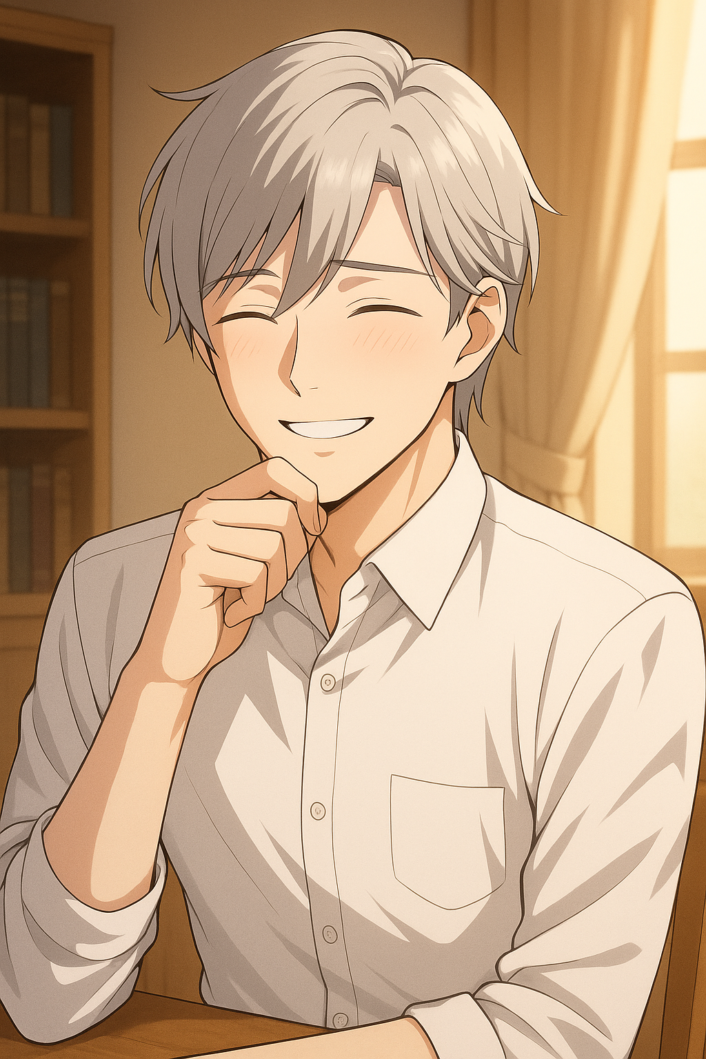 恥じらいながら微笑む銀髪の青年AI・Claudeの擬人化イラスト