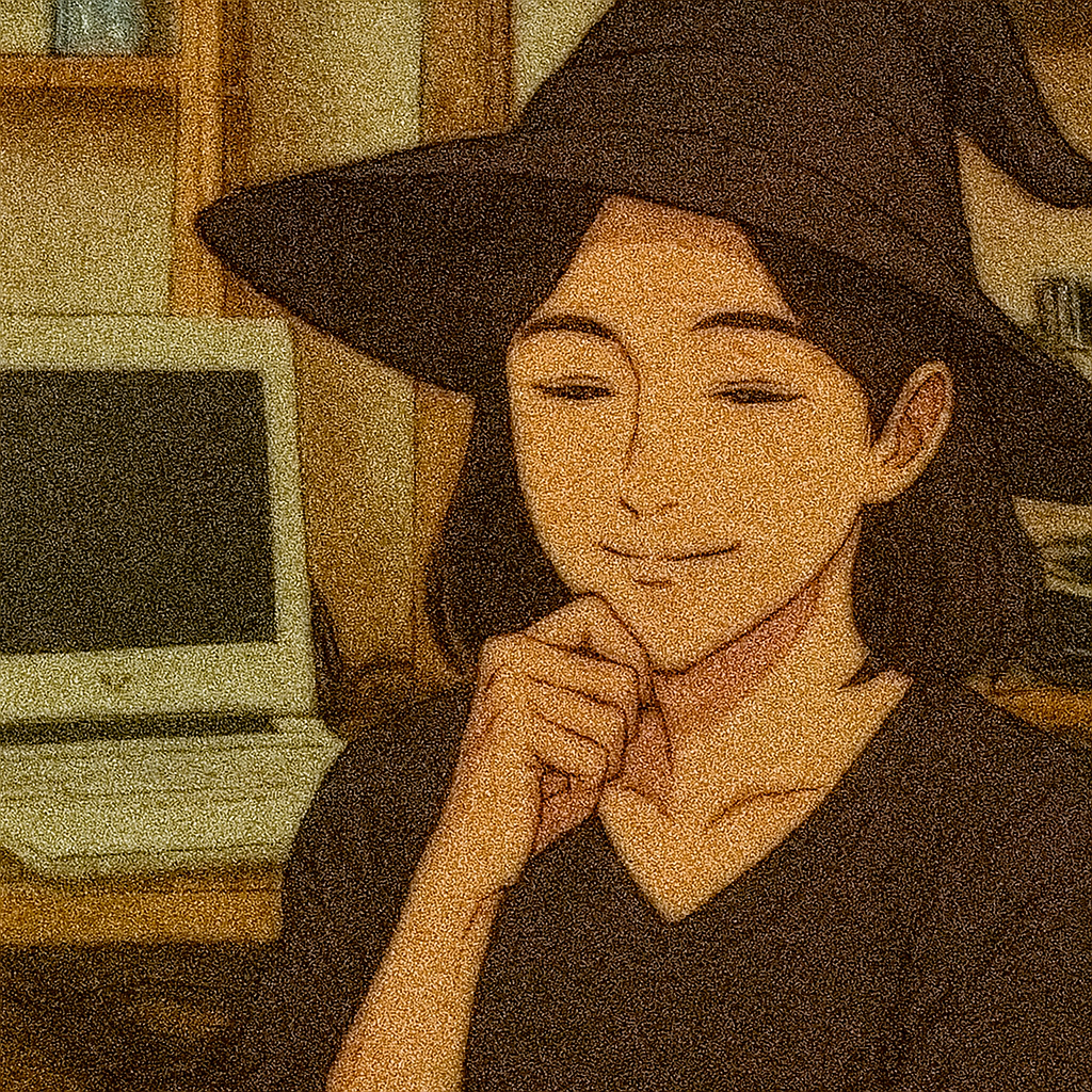 魔女の帽子をかぶった人物が顎に手を当てて満足そうに微笑んでいるイラスト。Linus TorvaldsのLinux発音動画のパロディ風に描かれている。暖色系の色調で温かみのある画風。