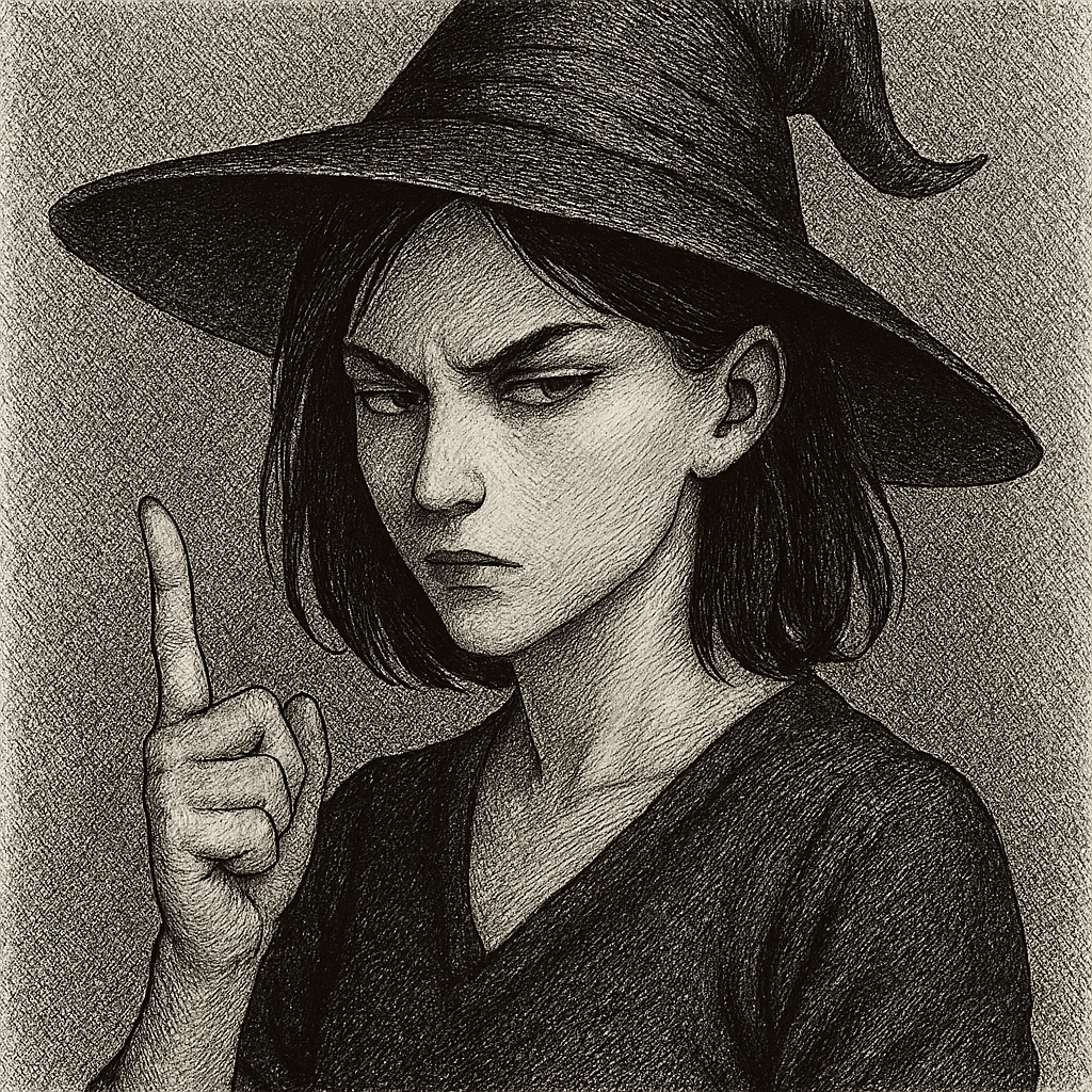 鋭い流し目で睨みつける若い魔女。眉をひそめ、唇を固く結んだ冷たい怒りの表情を浮かべ、片手の人差し指を静かに立てて警告するように示している。緻密なペン画の陰影がその静かな威圧感を際立たせている。