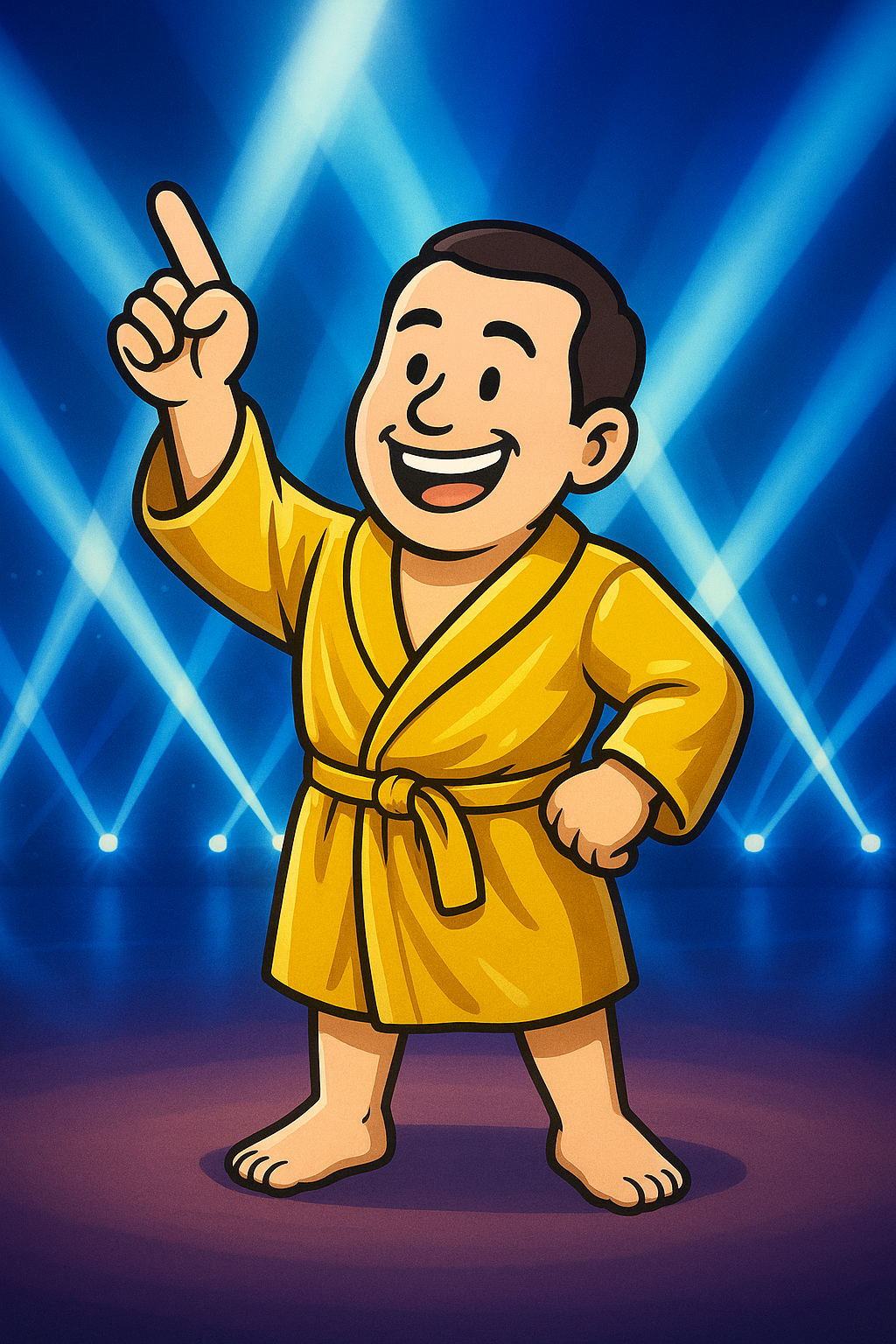 金色のガウンを着てステージに立つ、笑顔の中年男性キャラクター。背景には青と白のスポットライトが輝く。