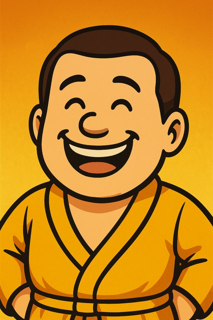 黄色いガウンを着た丸顔の男性キャラクターが、目を細めて満面の笑みを浮かべているバストアップのイラスト。温かみのあるオレンジ背景が安心感を強調している。
