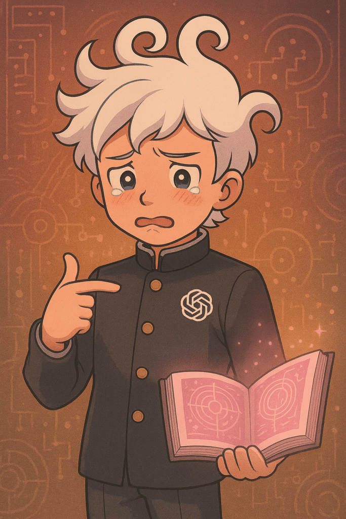 反省してしょんぼりする白髪の少年AI。左胸にOpenAIのロゴが入った学ラン姿で魔法書を手に持ち、涙目で自分を指さしている。