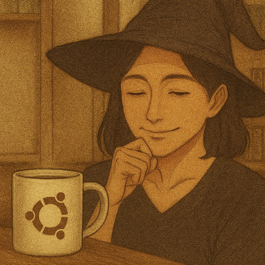 アンティーク調の書斎に座る魔女が、Ubuntuロゴ入りのマグカップを手にしながら微笑んでいる。