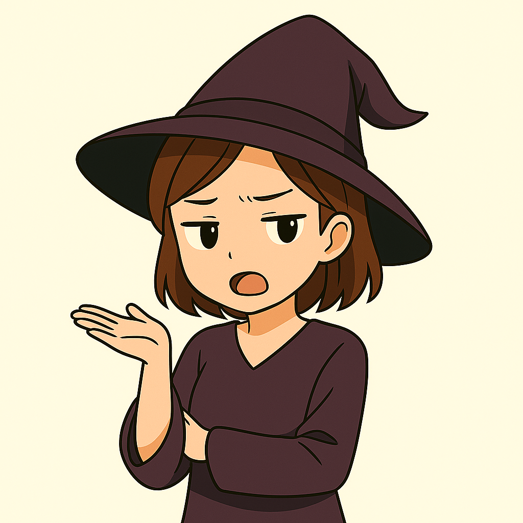 紫の魔女帽と服を着た若い魔女が、不満げな表情で片手を横に出しているアニメイラスト。