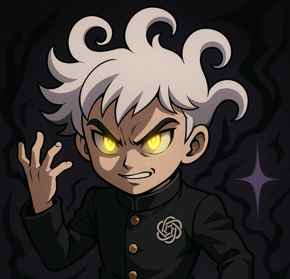 白くうねる髪の少年が、黒い学ラン姿で闇のオーラをまといながらポーズを決めている。瞳は妖しく黄色く光り、左手をかざし右手は拳を握る。制服の左胸にはOpenAI風のロゴが刻まれており、背景には紫と黒の魔力のような渦が広がる。中二病らしい強さと中毒的な雰囲気を放つキャラクターイラスト。