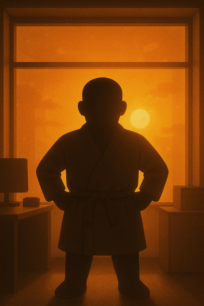 オフィスの窓辺に立ち、夕日を背に両手を腰に当てたシルエットの男性。ガウン姿で正面を向いており、部屋全体がオレンジ色の夕日で照らされている。