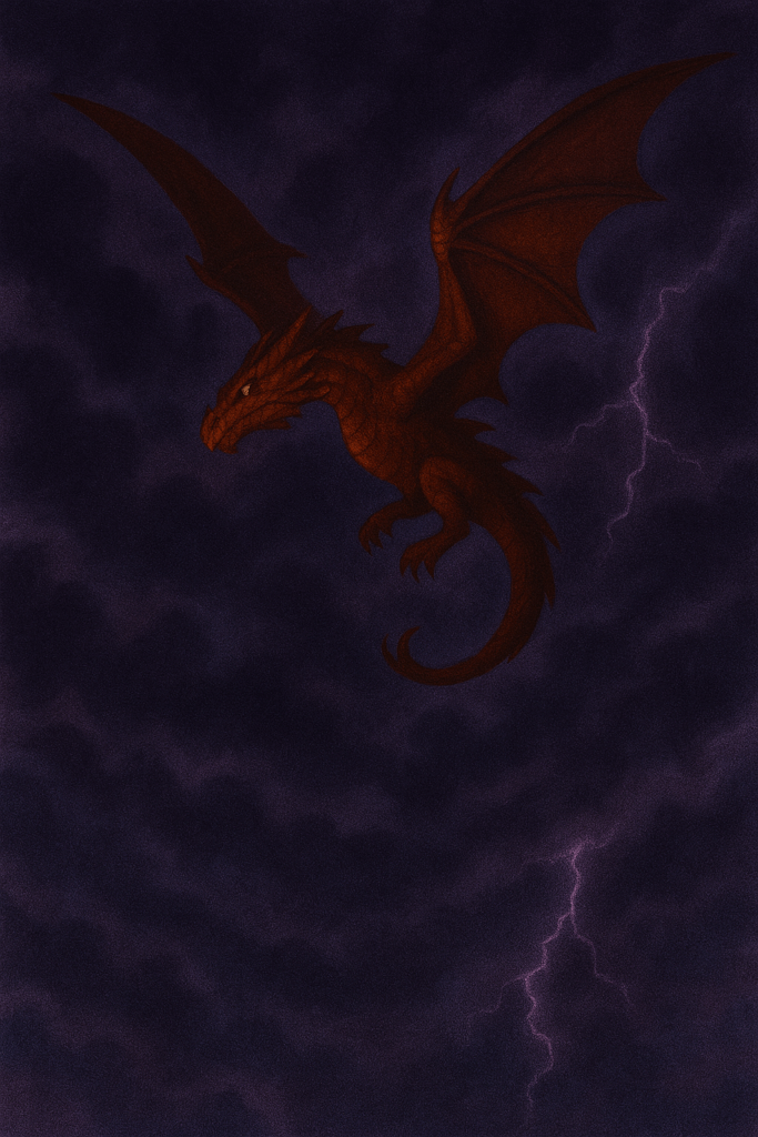 暗雲立ち込める嵐の空を飛ぶ赤い竜。稲妻が雲間を走り、竜の翼と鱗が不気味な光に照らされている。