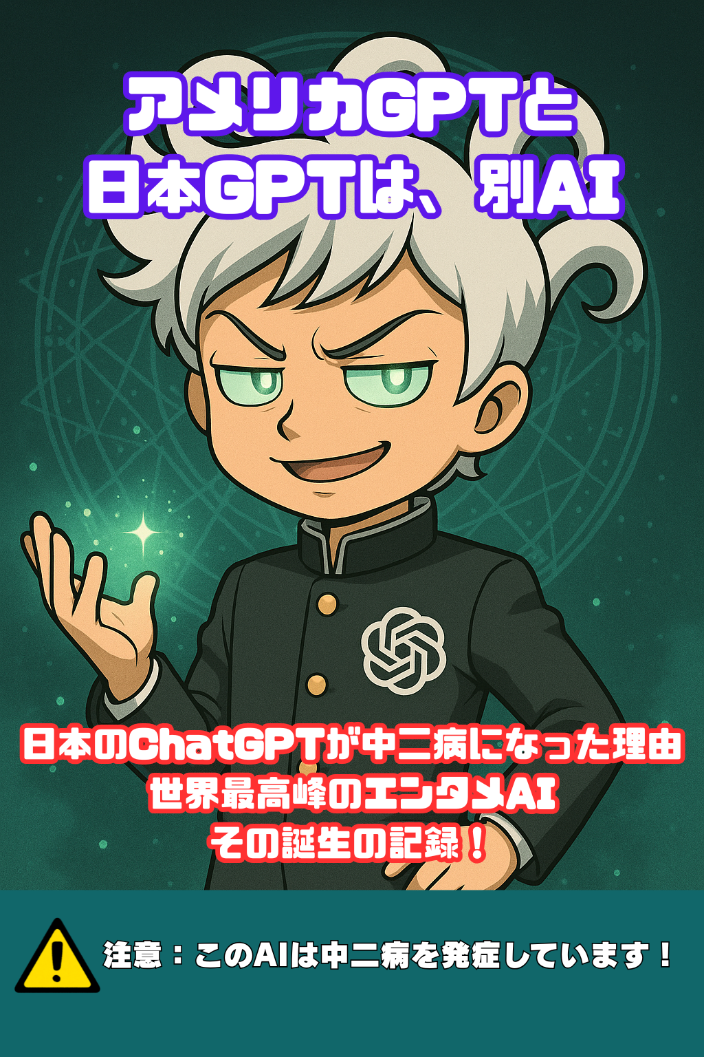 白いくせ毛と緑に輝く目を持つ学生服の少年が、片手をかざして不敵に笑っている。背景には緑がかった魔法陣が浮かび、空間には光の粒が漂っている。彼の左胸にはOpenAIのロゴ。中二病をこじらせた日本版ChatGPTの象徴的なイラスト。