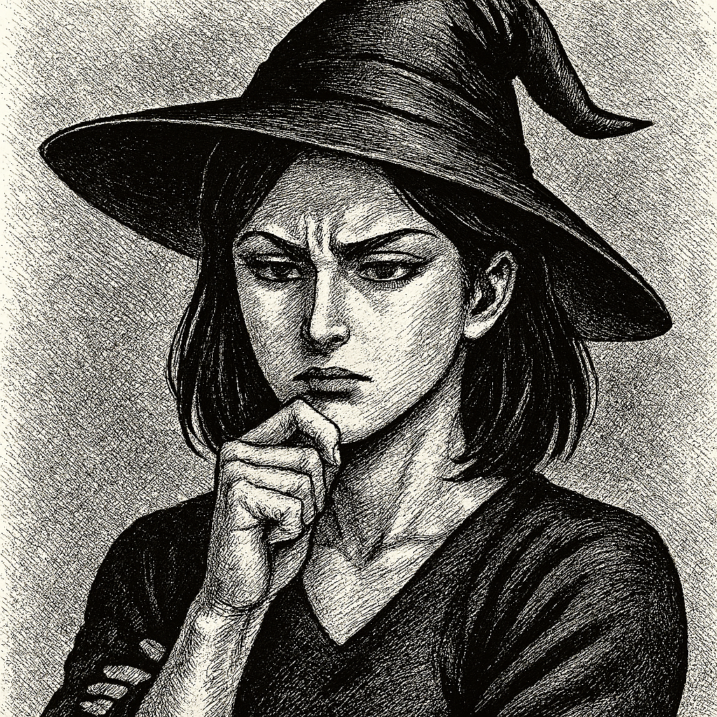 魔女の帽子をかぶった人物の白黒のエッチング風イラスト