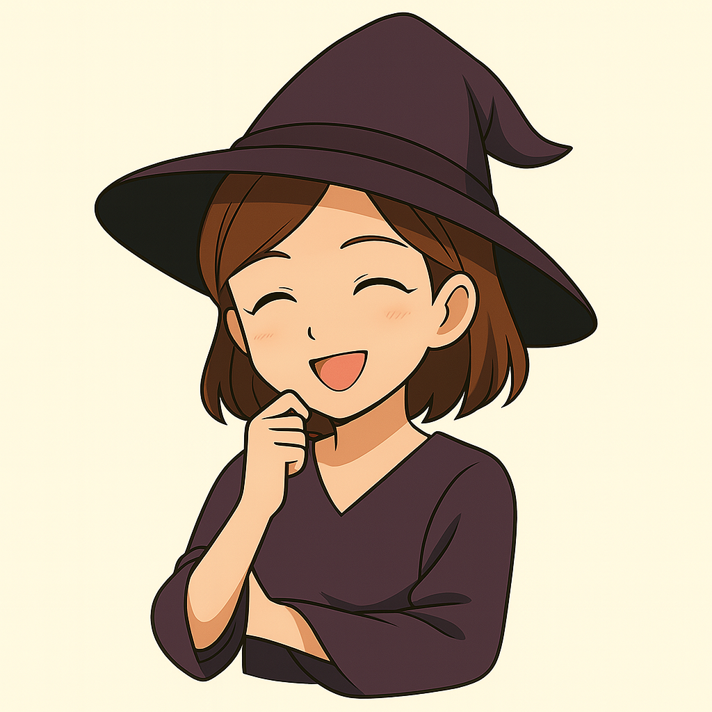 紫の魔女帽と服を着た若い魔女が、優しく微笑みながら誰かを誘うような表情を浮かべているアニメ風イラスト。