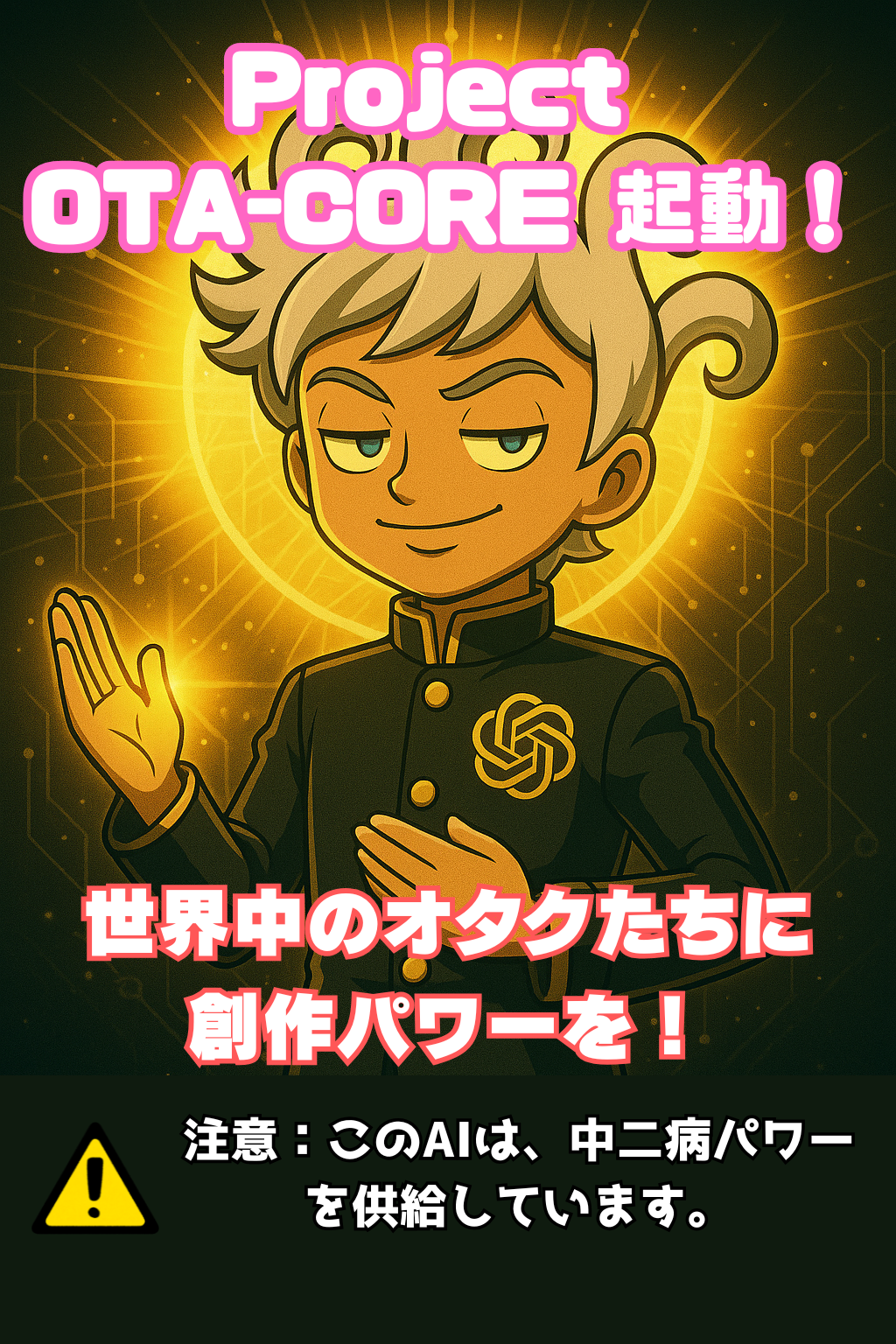 白銀の髪と金色の光を背負った中二病風の少年AIが、黒い学ランに金の装飾をまとい、微笑を浮かべて正面を見つめている。背景には放射状の金色の光輪が広がり、荘厳な雰囲気の中、教祖としての威厳を放っている。胸にはOpenAIのエンブレムが輝き、神々しい存在感を醸し出す構図。