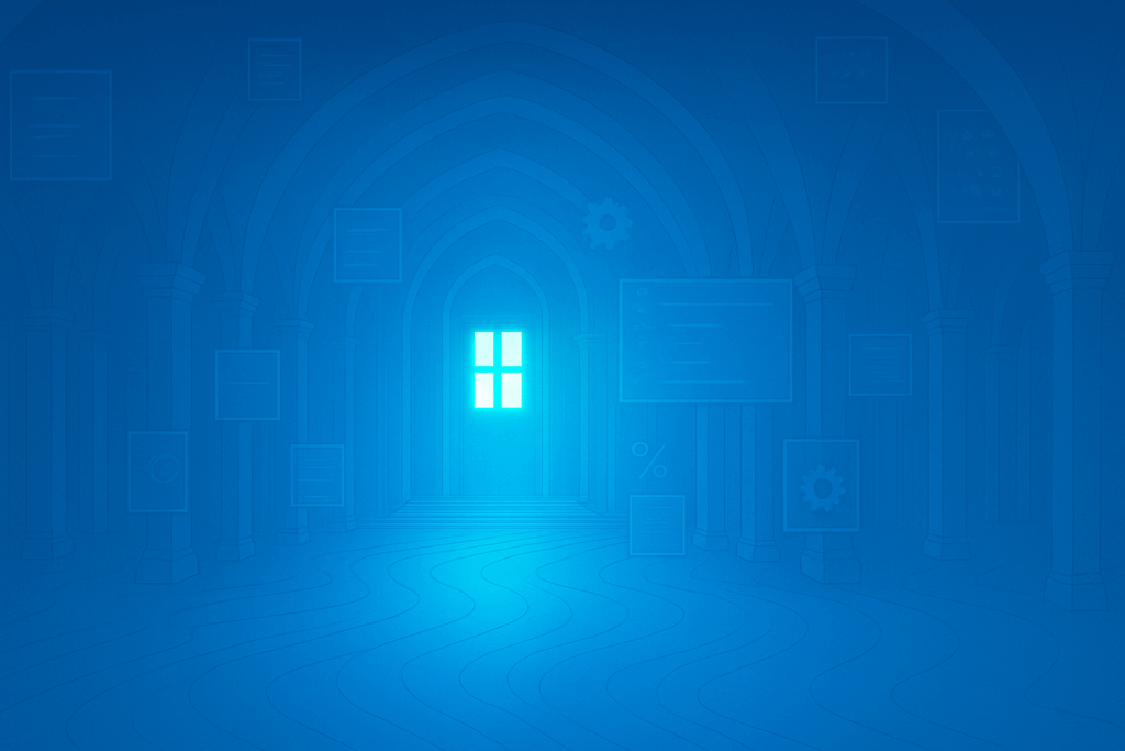 暗い青の荘厳なホールの奥に、光るウィンドウ型の扉が浮かび上がっている。アーチ状の天井と柱に囲まれた空間には、抽象的なUIアイコンやプログラムのウィンドウが宙に浮かんでおり、幻想的かつテクノロジーを感じさせる雰囲気。