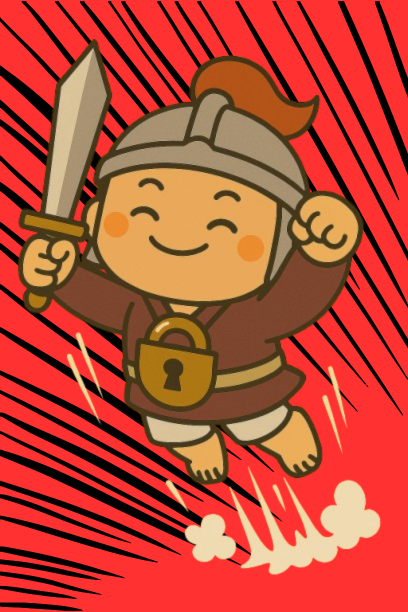 赤い背景に黒い集中線が描かれた中、戦士うばんつが攻撃態勢を取っている。茶色の鎧と兜を身に着け、剣を振り上げながら力強く跳躍している。胸には金色の南京錠が付いており、安心感を与える満面の笑みを浮かべて戦闘に臨んでいる。足元には白い煙や土埃が舞い上がり、動的で迫力のあるアクションシーンを表現している。