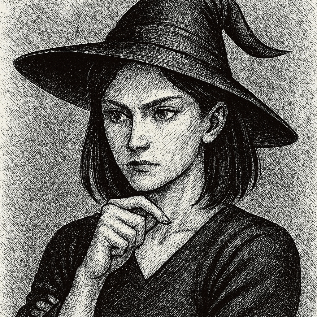 冷静だが厳しい表情で相手を見つめる若い魔女。片手を顎に添え、心を決めたような静かな威厳を湛えた姿。ペン画調の繊細な線画で描かれている。