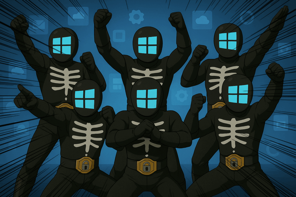 6人の“Winショッカー”がポーズをキメている。黒スーツにスケルトン模様、顔にはWindows風の青い4分割アイコン、腰には鍵付きベルト。背景は青系のデジタル空間。