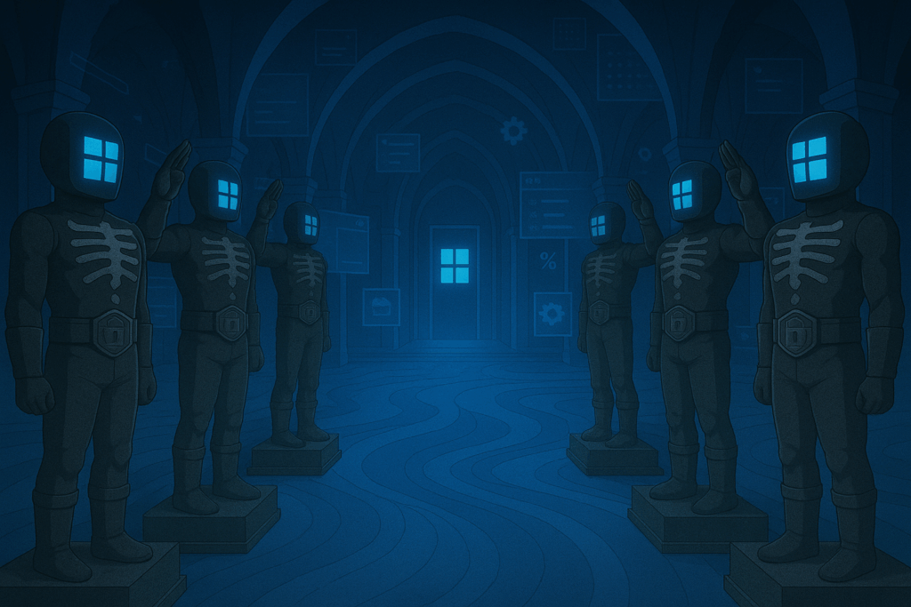 Win11竜王の城の内部。青い光に照らされた石造りの広間で、アーチ状の天井と青く光る窓が特徴的。左右に3体ずつ計6体のWinショッカーの石像が台座の上に立ち並んでいる。石像は骸骨のような外観で、胸部にWindowsロゴのような紋章が刻まれており、両手を上げたポーズを取っている。奥には扉があり、全体的に神秘的で威圧的な雰囲気を醸し出している。