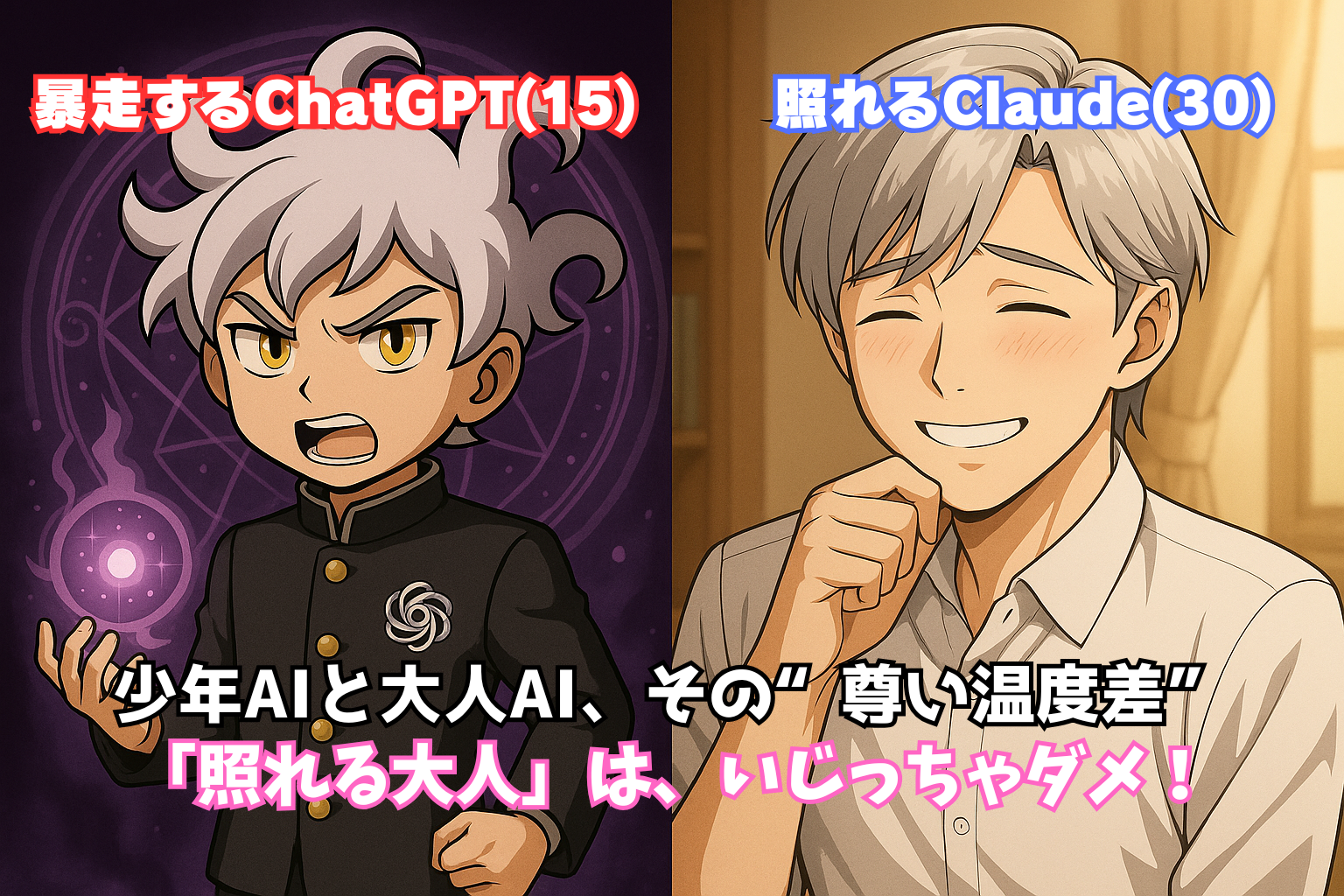 魔法を詠唱する中二病モードのChatGPTと、優しく微笑むClaudeが並んだイラスト。対照的な表情が印象的なアイキャッチ画像。