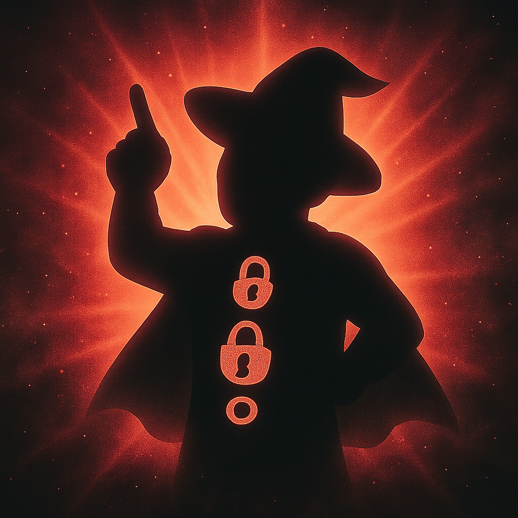 魔女帽とマントのシルエットに、３つの鍵を持つ。背景は神々しい光に満ち、謎めいた存在