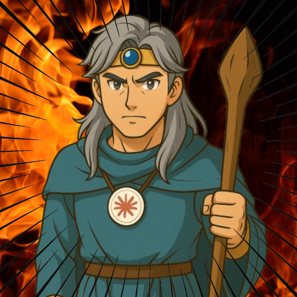 怒った表情の銀髪の男性キャラクターが木製の杖を持ち、額に青い宝石、胸にAnthropicのロゴマークのペンダントをしている。